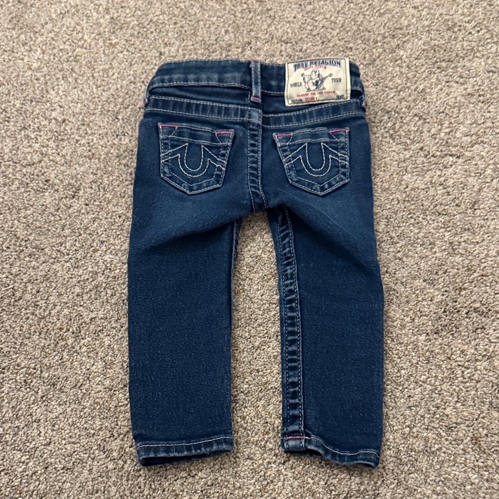 True Religion Toddler Girls Dark Blue Jeans with Pink Stitching 18 months